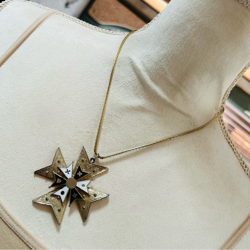 Vintage large enamel Maltese cross pendant on chain necklace